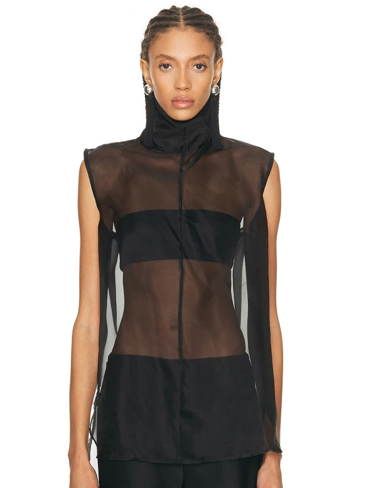 Sheer Turtleneck Satin Wide-Leg Set