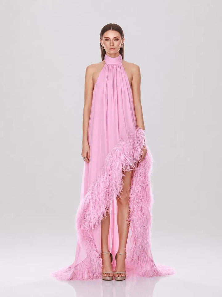 Robe à col licou avec bordure en plumes