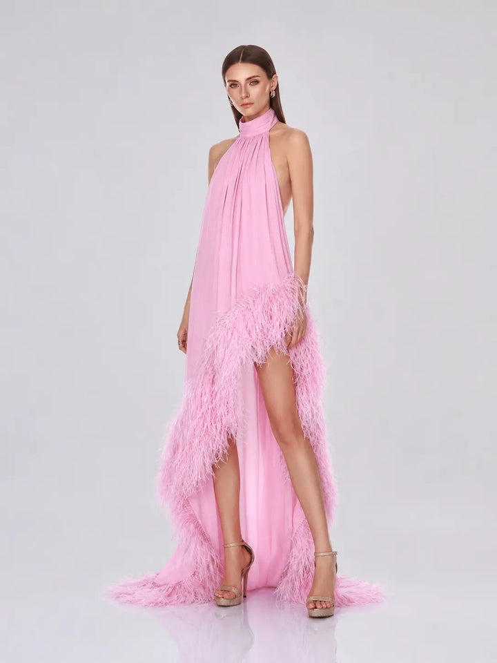 Robe à col licou avec bordure en plumes