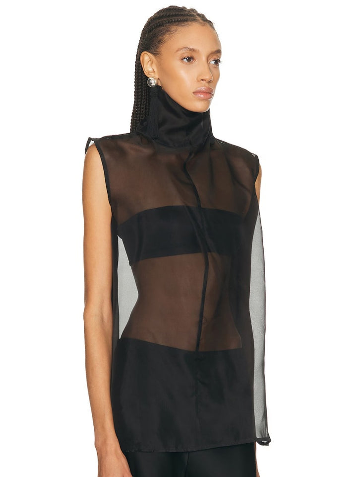 Sheer Turtleneck Satin Wide-Leg Set