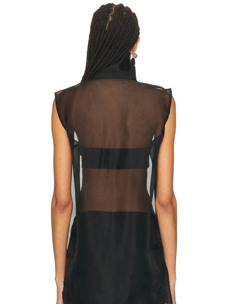 Sheer Turtleneck Satin Wide-Leg Set