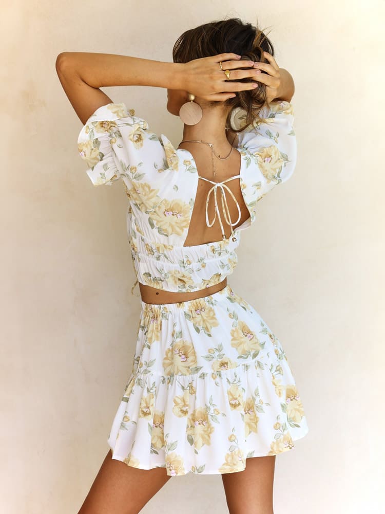 Pastel Yellow Floral Crop Top and Skirt Sets