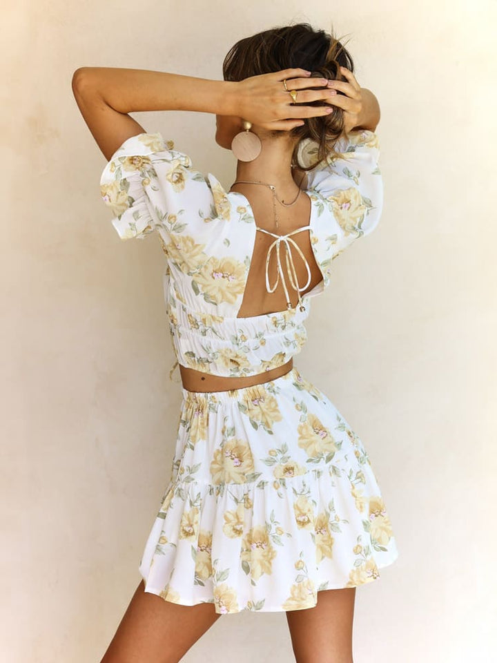 Pastel Yellow Floral Crop Top at Skirt Sets