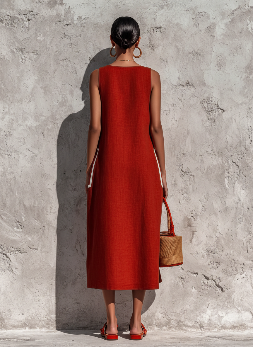 Abito midi con tasche e piping rosso