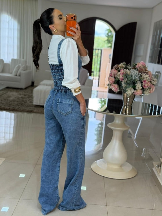Blue Denim Wide-Leg Overalls Jumpsuit