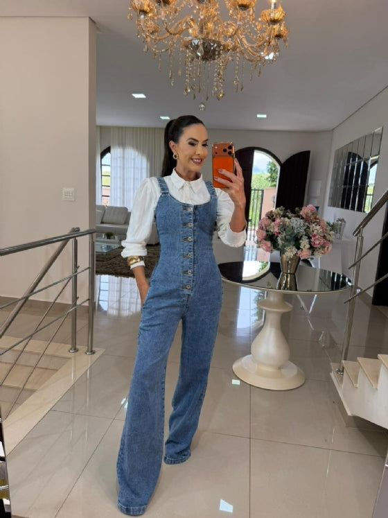 Blue Denim Wide-Leg Overalls Jumpsuit