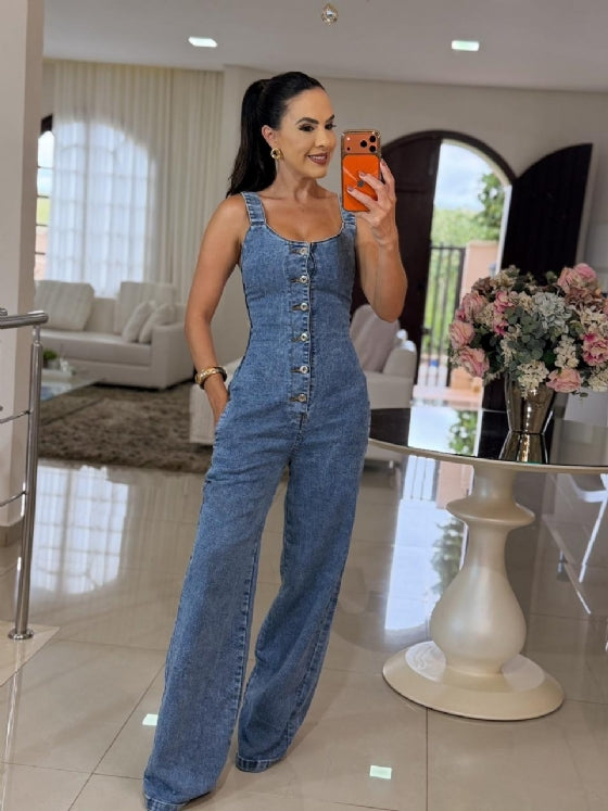 Blue Denim Wide-Leg Overalls Jumpsuit