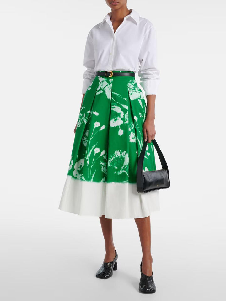 Pleated Floral Cotton Midi Skirt