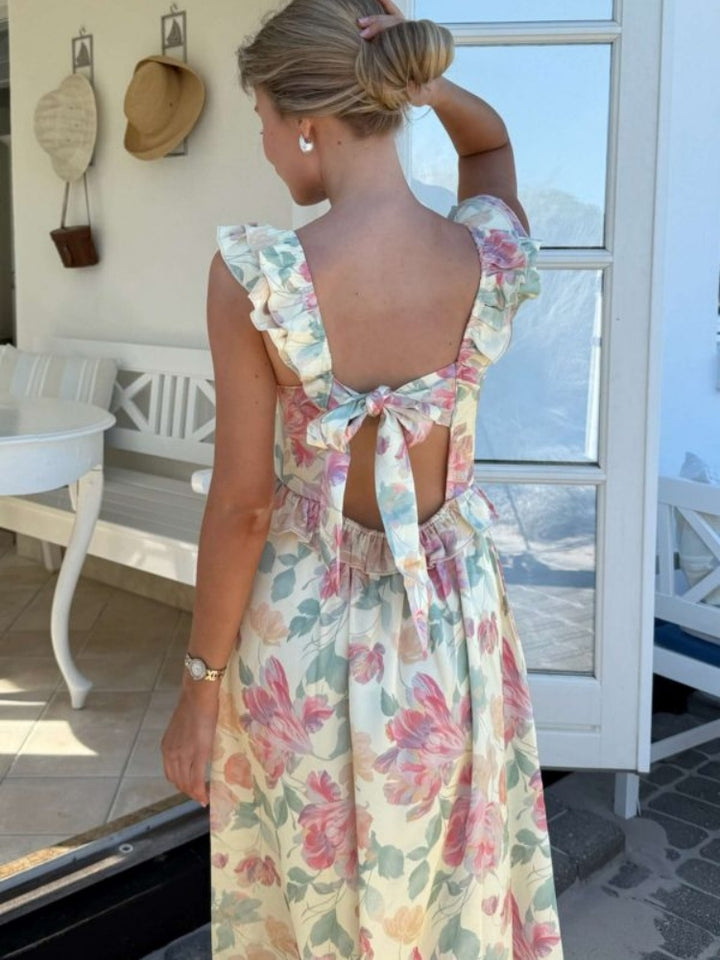 Pastel Floral Ruffle Tie-Back Maxi Dress