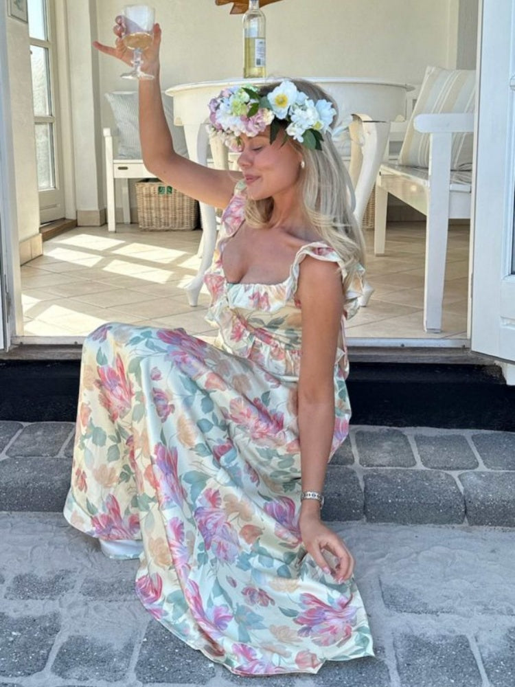 Pastel Floral Ruffle Tie-Back Maxi Dress