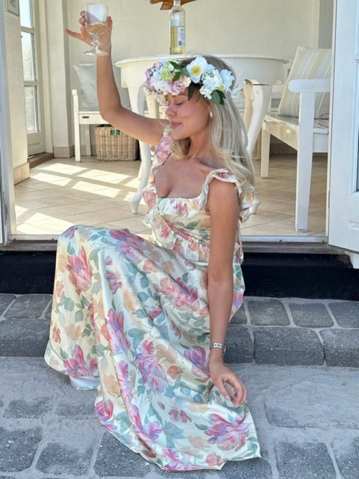 Pastel Floral Ruffle Tie-Back Maxi Dress
