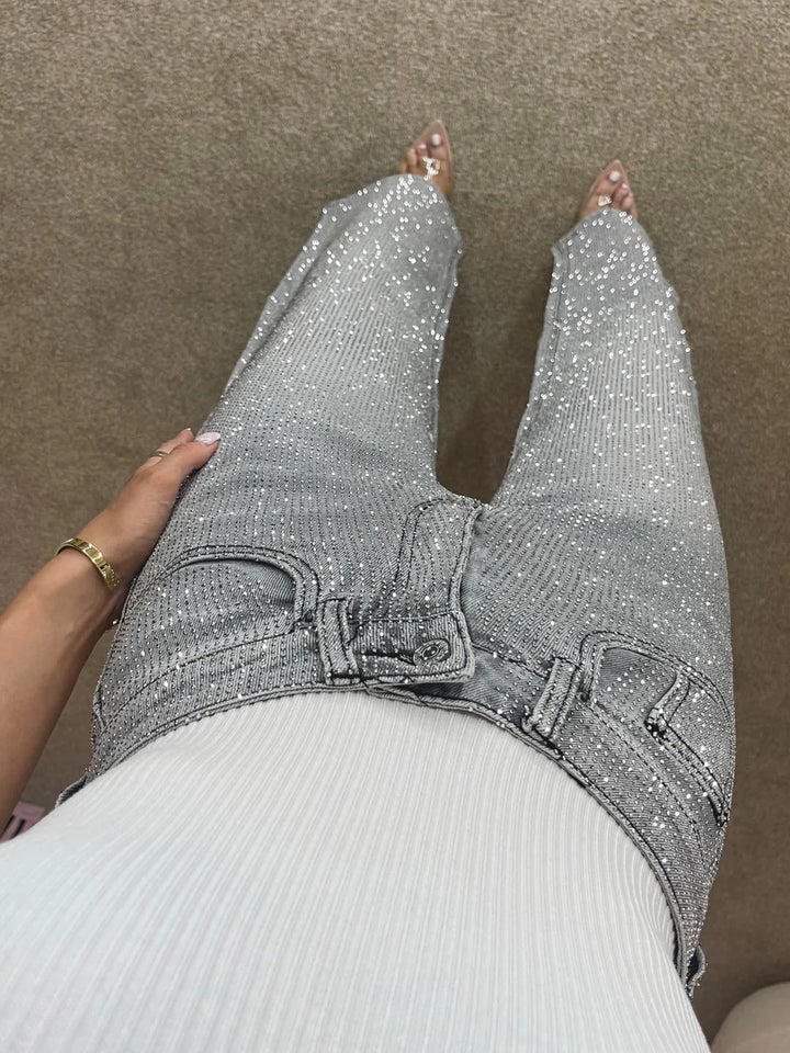 Premium diamanté denim jeans met wijde pijpen in stormgrijs