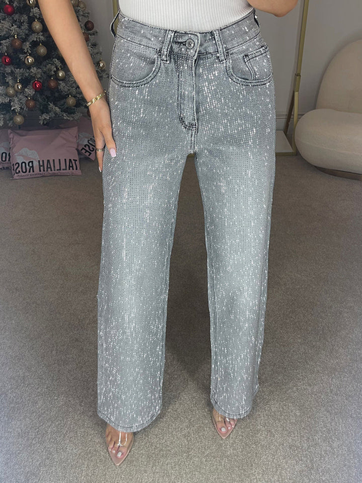 Jean en denim à strass à jambe large de qualité supérieure, gris tempête