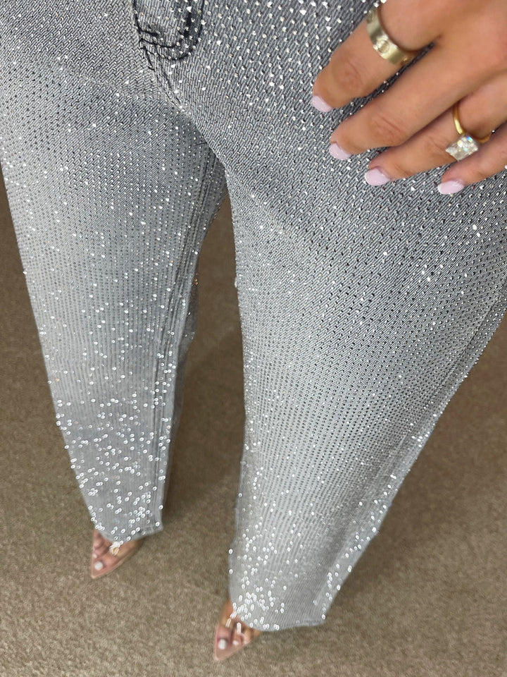 Premium Wide Leg Diamanté Denim Jeans sa Storm Grey