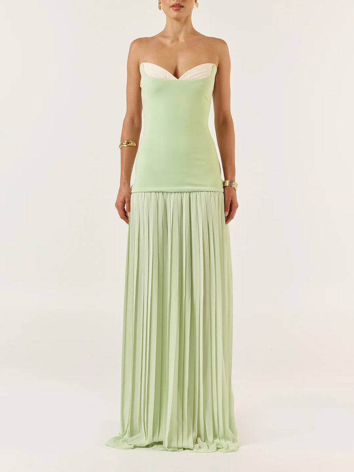 Matcha Green Colorblock Bandeau Pleated Maxi Dress