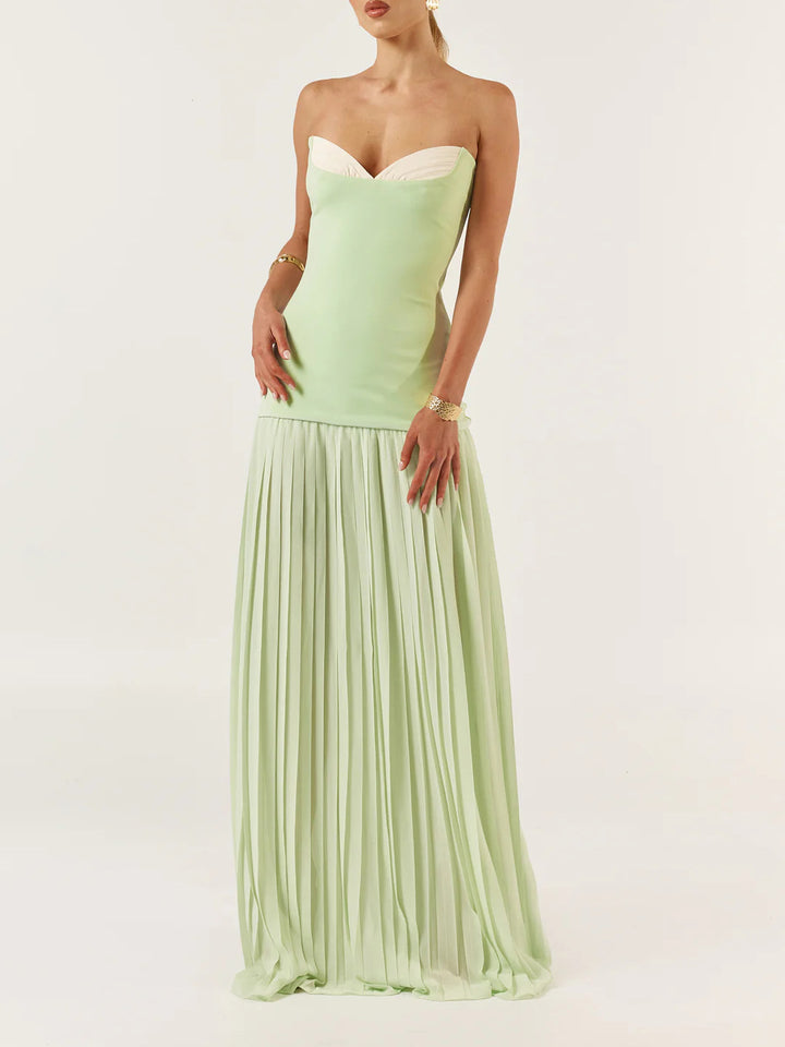 Matcha Green Colorblock Bandeau Pleated Maxi Dress