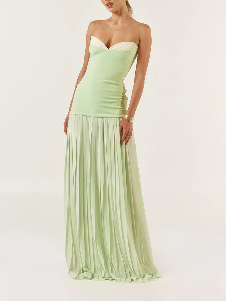 Matcha Green Colorblock Bandeau Pleated Maxi Dress