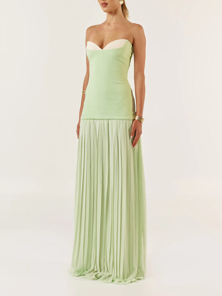 Matcha Green Colorblock Bandeau Pleated Maxi Dress