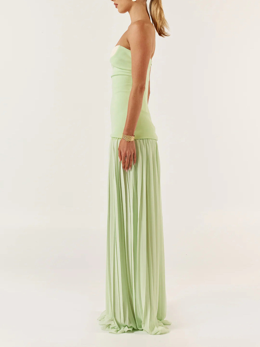 Matcha Green Colorblock Bandeau Pleated Maxi Dress