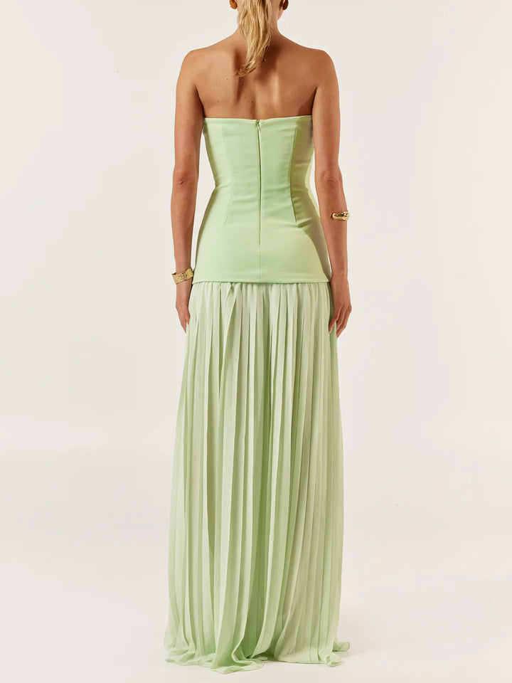 Matcha Green Colorblock Bandeau Pleated Maxi Dress