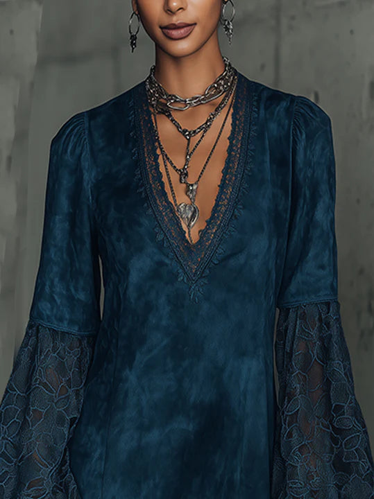 Faux Suede Flared Sleeve Lace Mini Dress