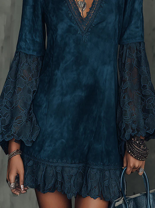 Faux Suede Flared Sleeve Lace Mini Dress