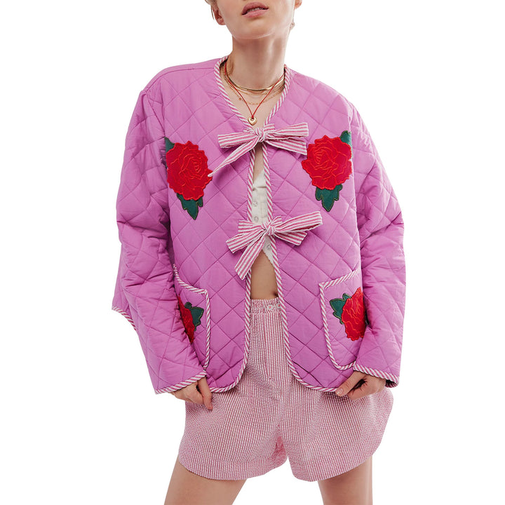 Rose Print Bow Pink Manipis na Jacket