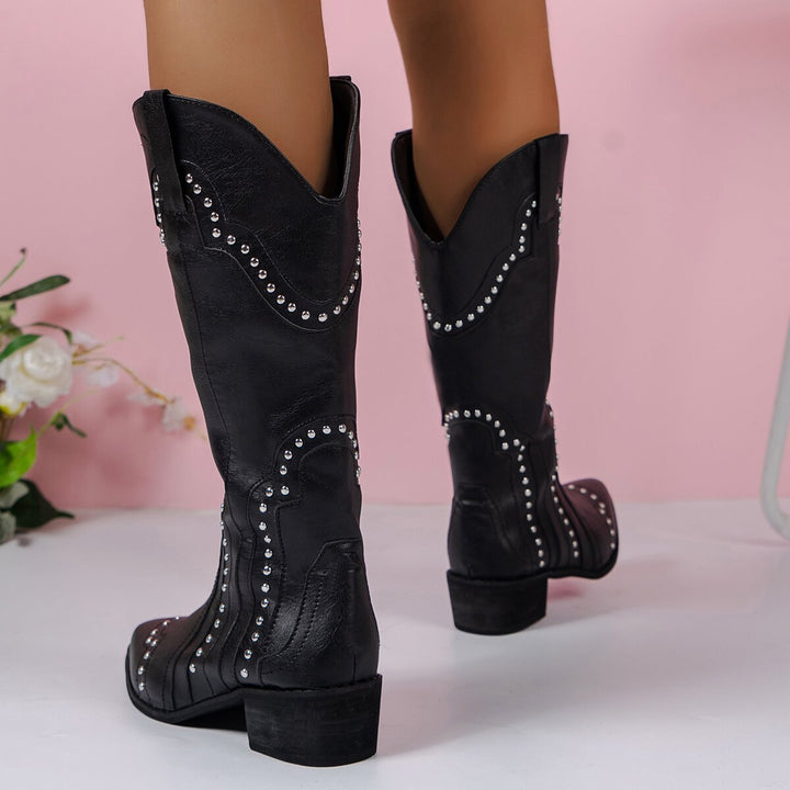 Vintage Studded Western Cowboy High-Heeled Knight Boots