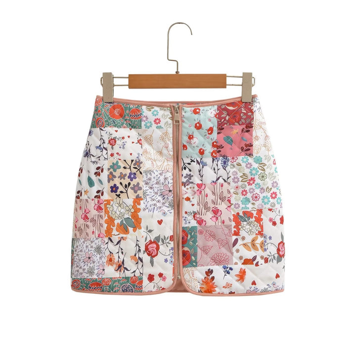 Patchwork bloemenprint vooraan gewatteerde rok met rits