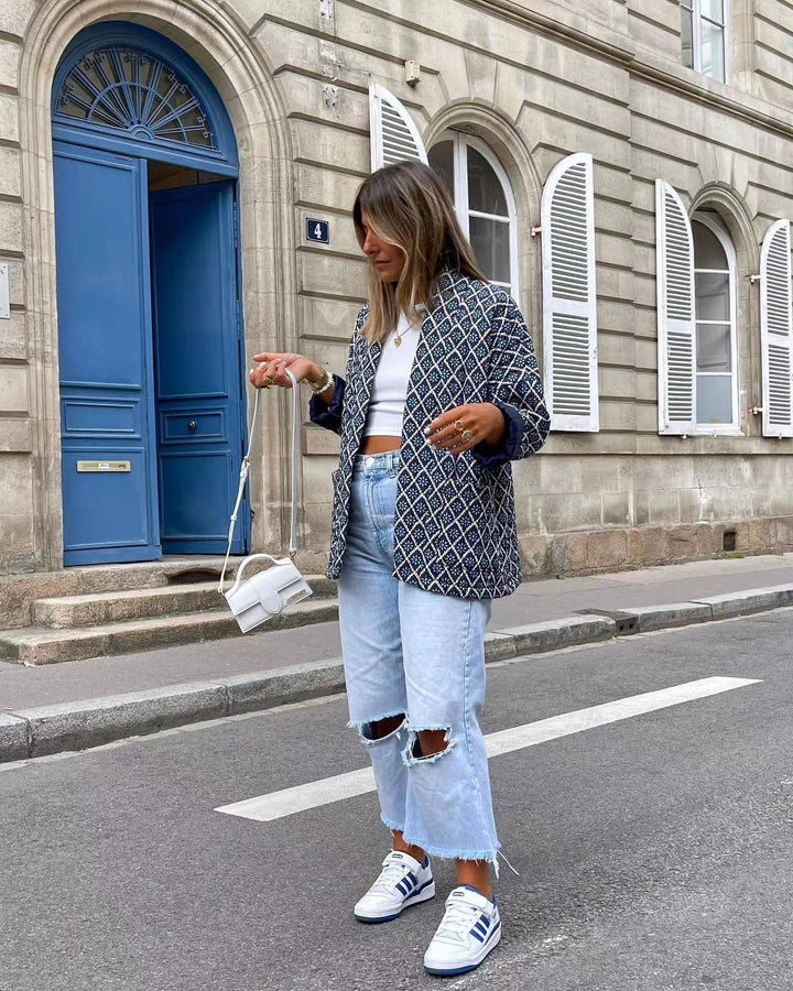 Chaqueta acolchada con bolsillos y estampado floral con estampado geométrico