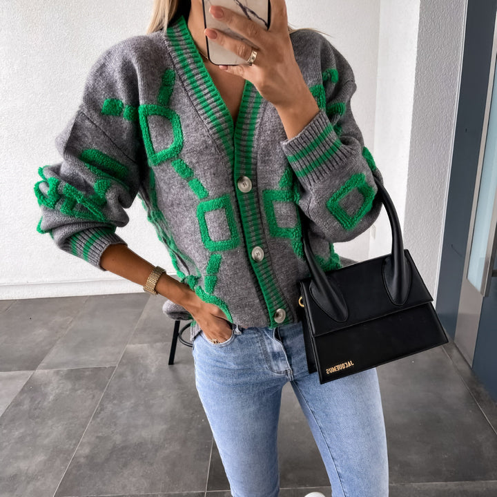 Cardigan de malha casual com decote em V e contraste de cores