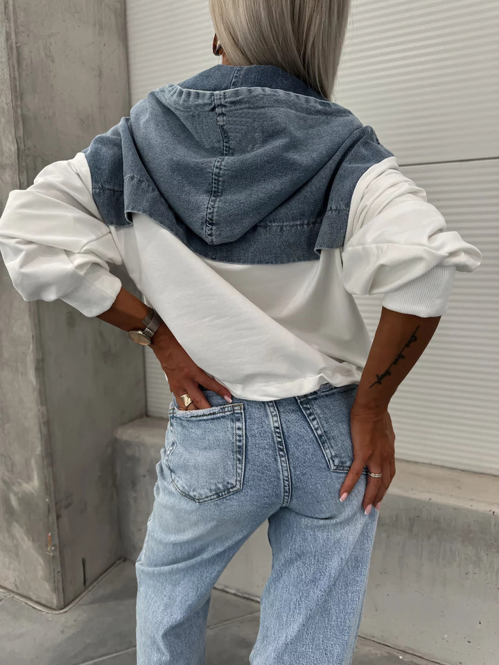 Løs Casual Wash Denim Patchwork hættetrøje