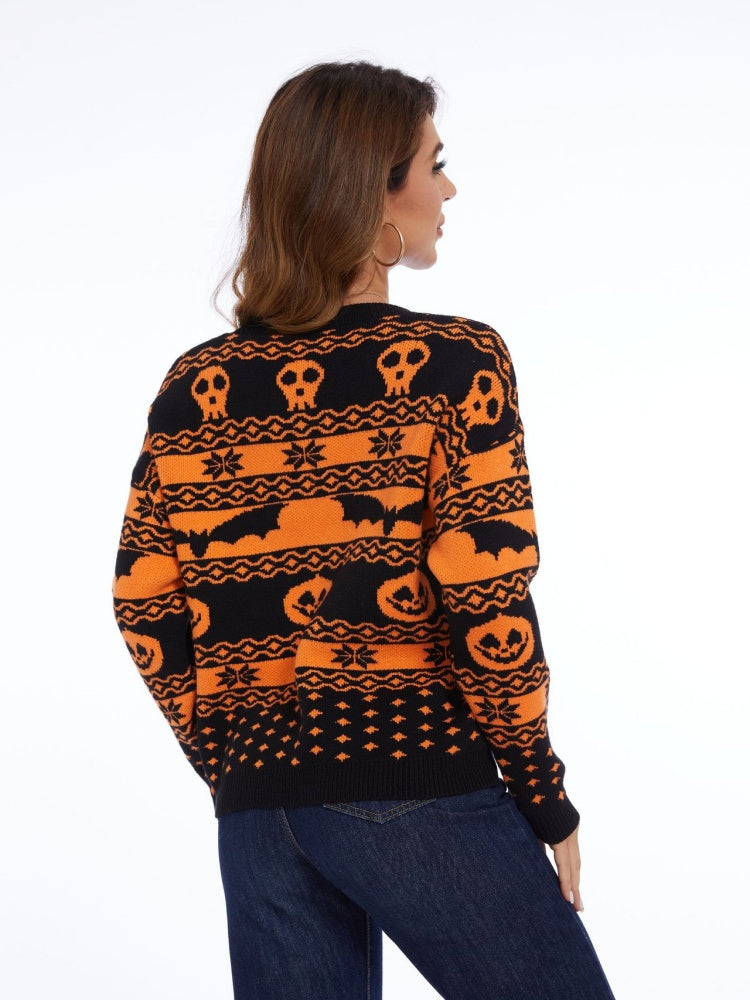 Pull tricoté à col rond à motif de citrouille d'Halloween