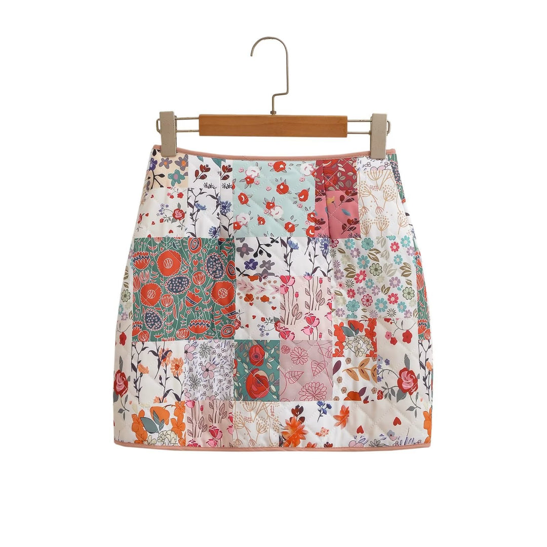 Patchwork bloemenprint vooraan gewatteerde rok met rits