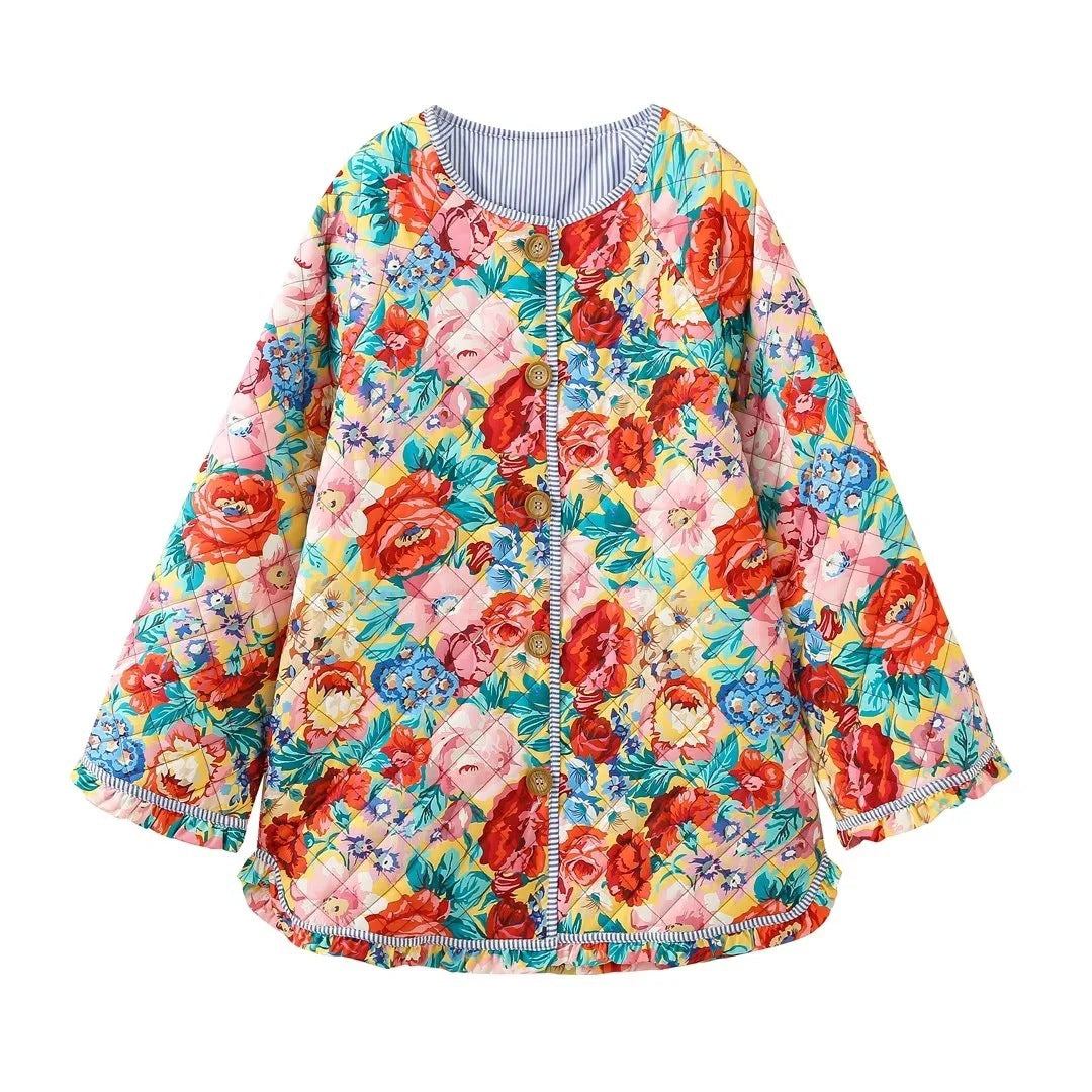 Veste bohème matelassée à imprimé floral et patchwork roses