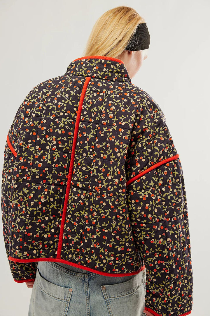 Flower Print Pocket Clip Cotton Drop Shoulder Jacket