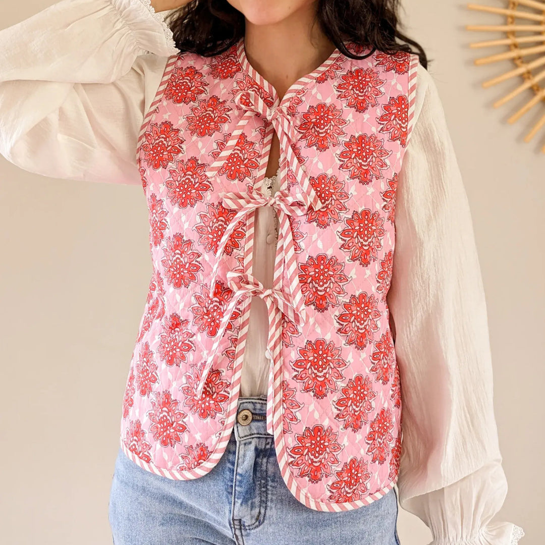 Pink Floral Print Lace-Up Quilted Manipis na Waistcoat