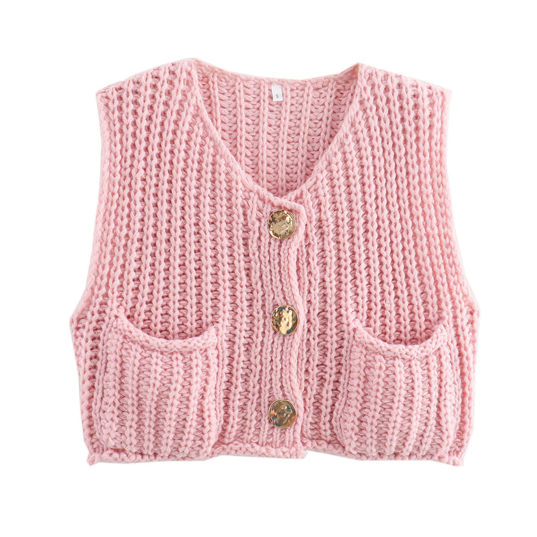 Large Buttons Solid Color Knit Vest Cardigan