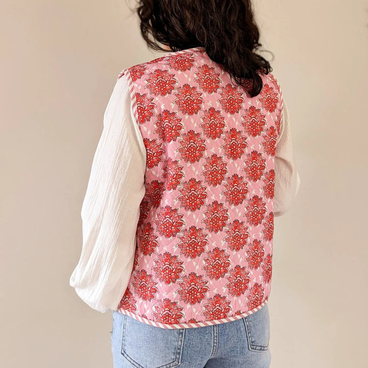 Roze bloemenprint veter-gewatteerd dun gilet