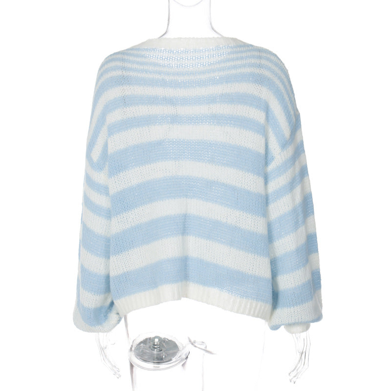 Maglione a righe a contrasto blu bianco