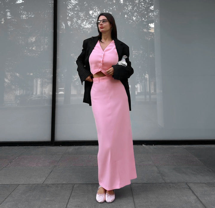 Pink Suit Waistcoat At Skirt Set