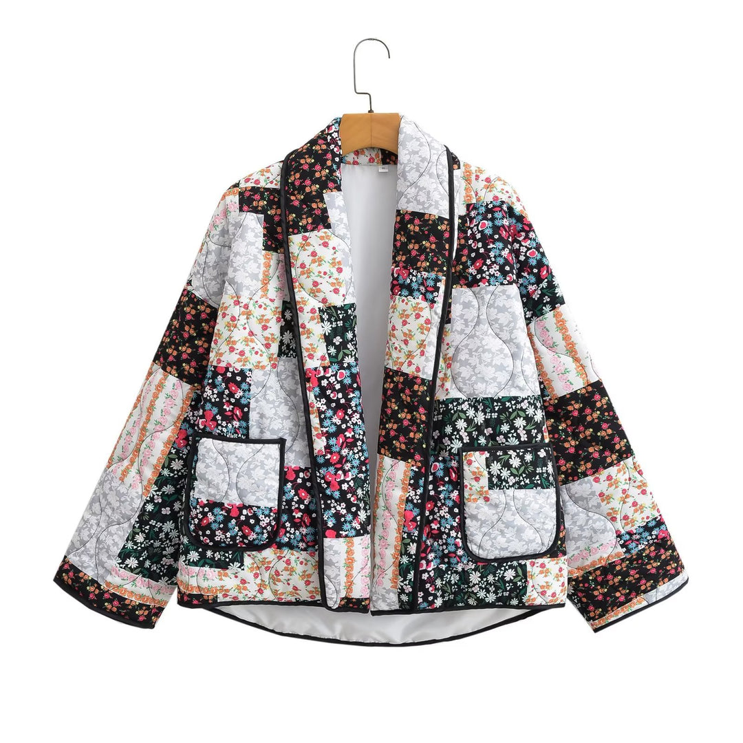 Floral Patchwork Print Lapel Pocket Jacket