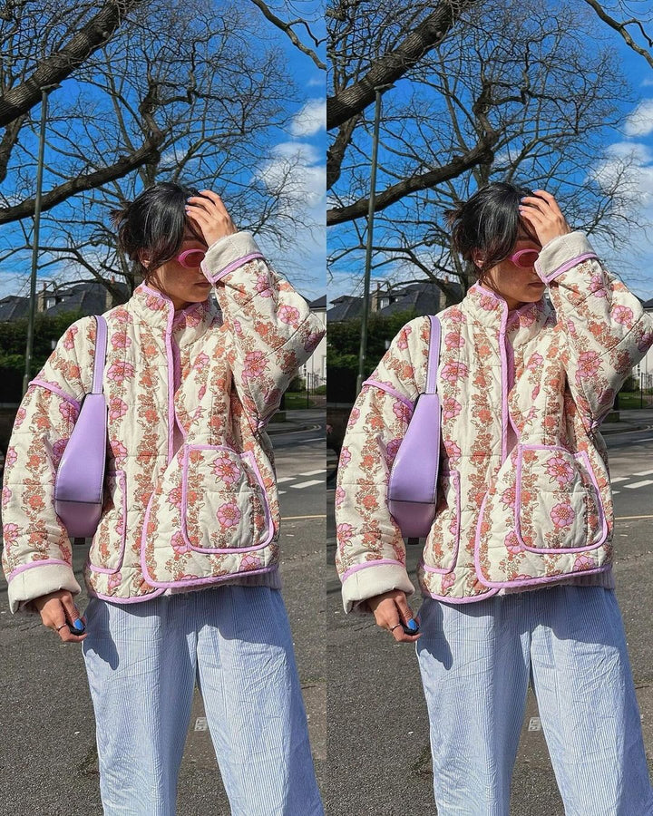 Flower Print Pocket Clip Cotton Drop Shoulder Jacket