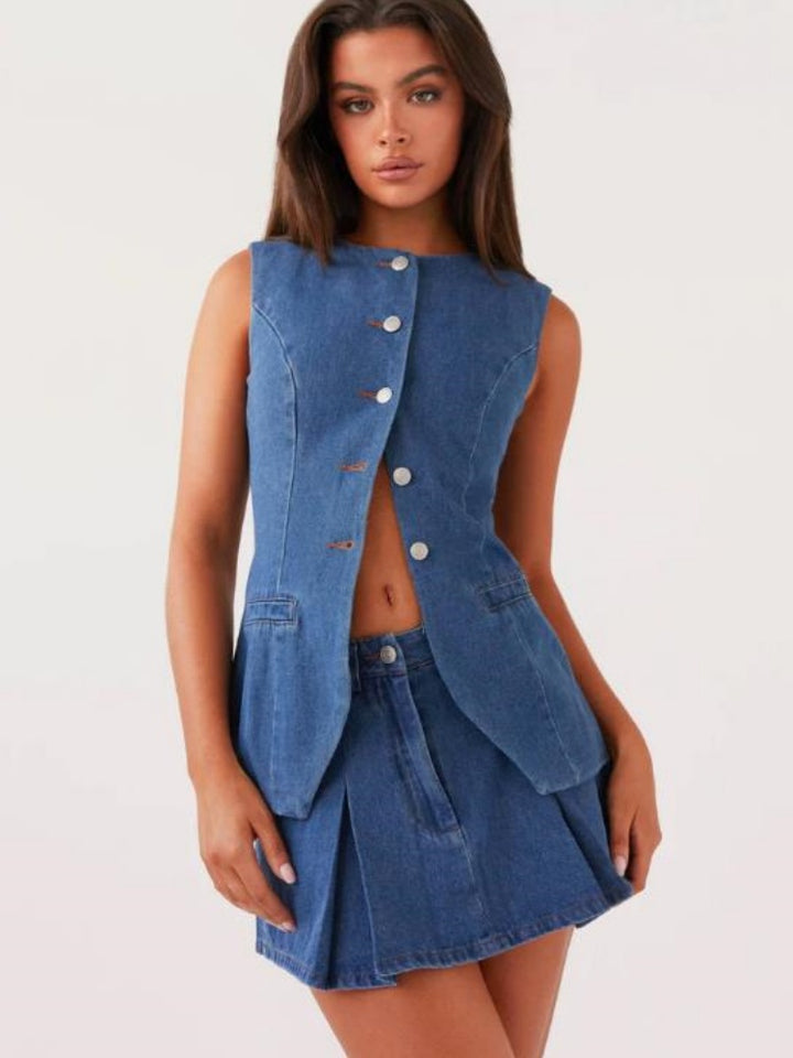 Casual Mouwloos Hoge Taille Denim Set