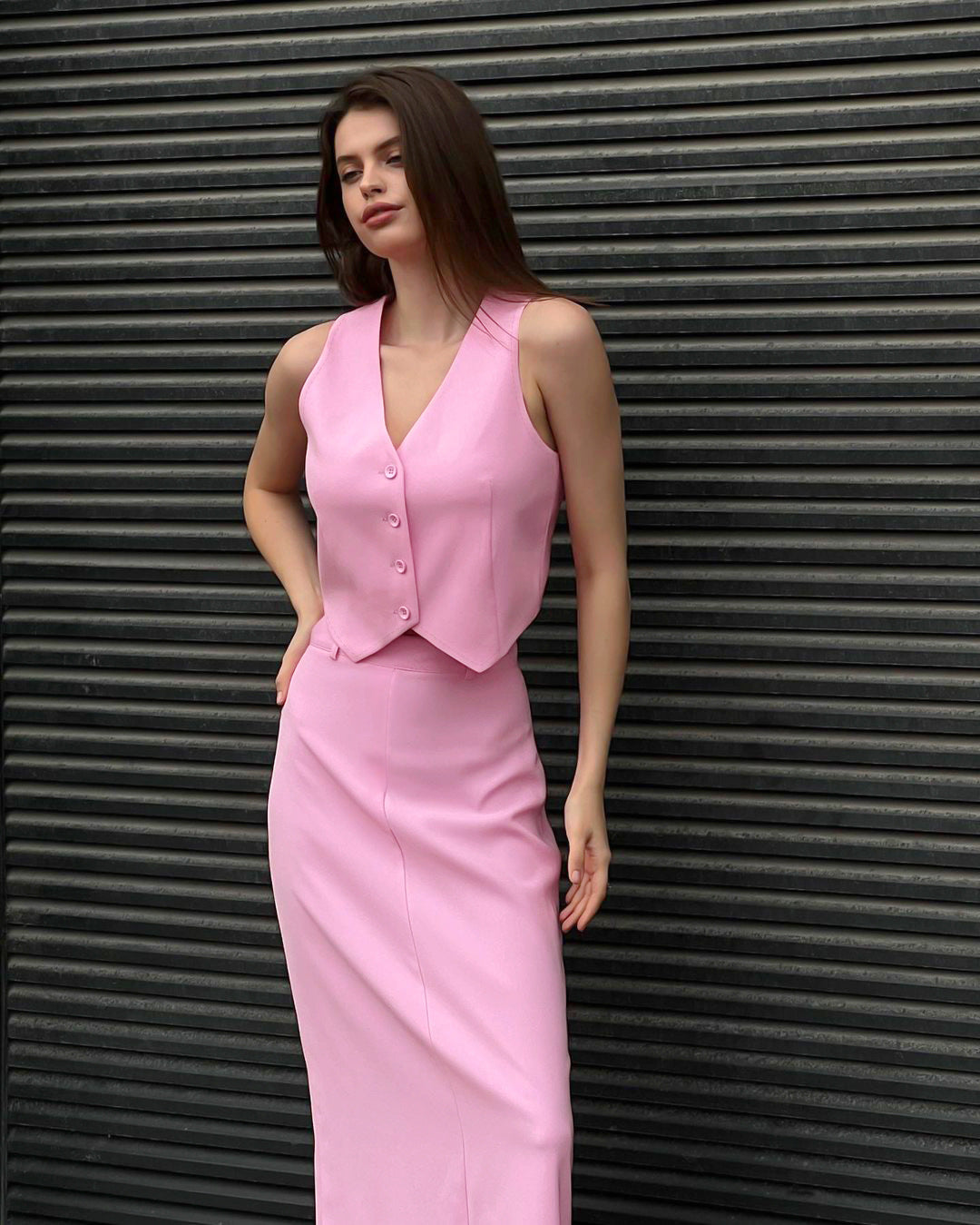 Pink Suit Waistcoat At Skirt Set