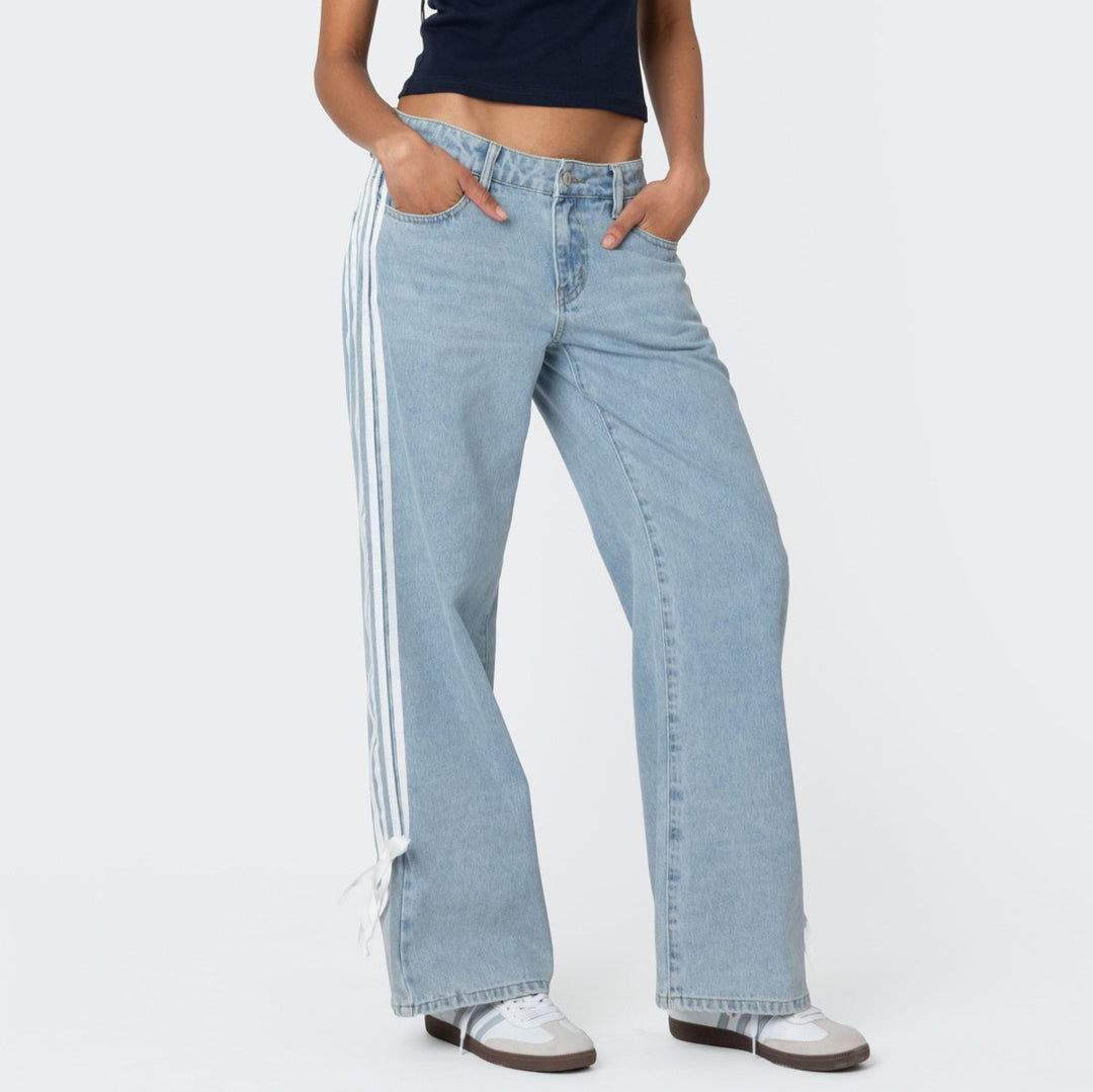 Low Waist Loose Side Striped Bow Wide-Leg Jeans