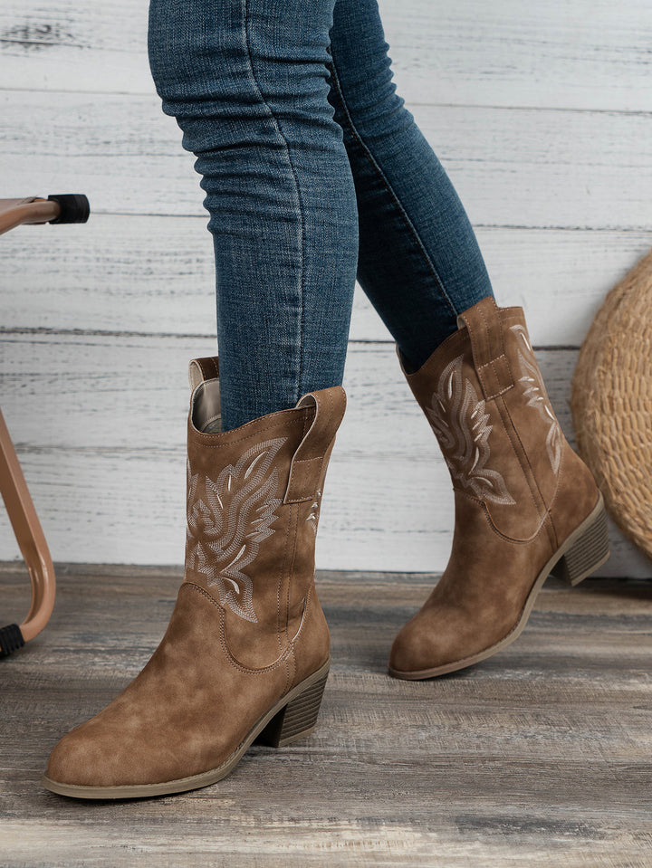 Vintage Western Cowboy Embroidered High-Heeled Knight Ankle Boots