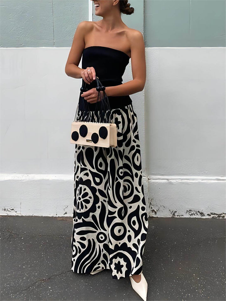 Moda Straplez Çiçek Desenli Maxi Elbise