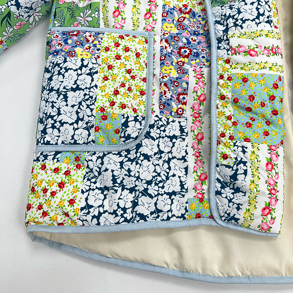 Jaqueta estampada em patchwork com estampa floral amarelo-verde