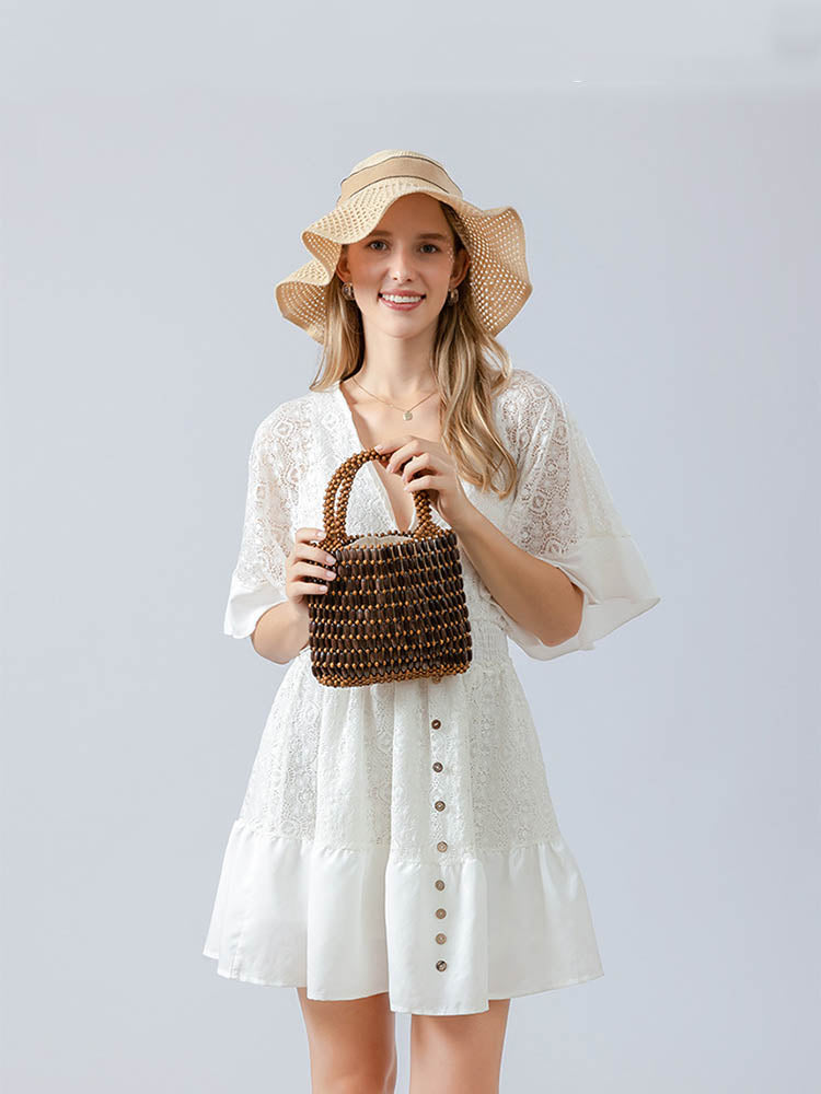 Wooden Bead Woven Tote Bag